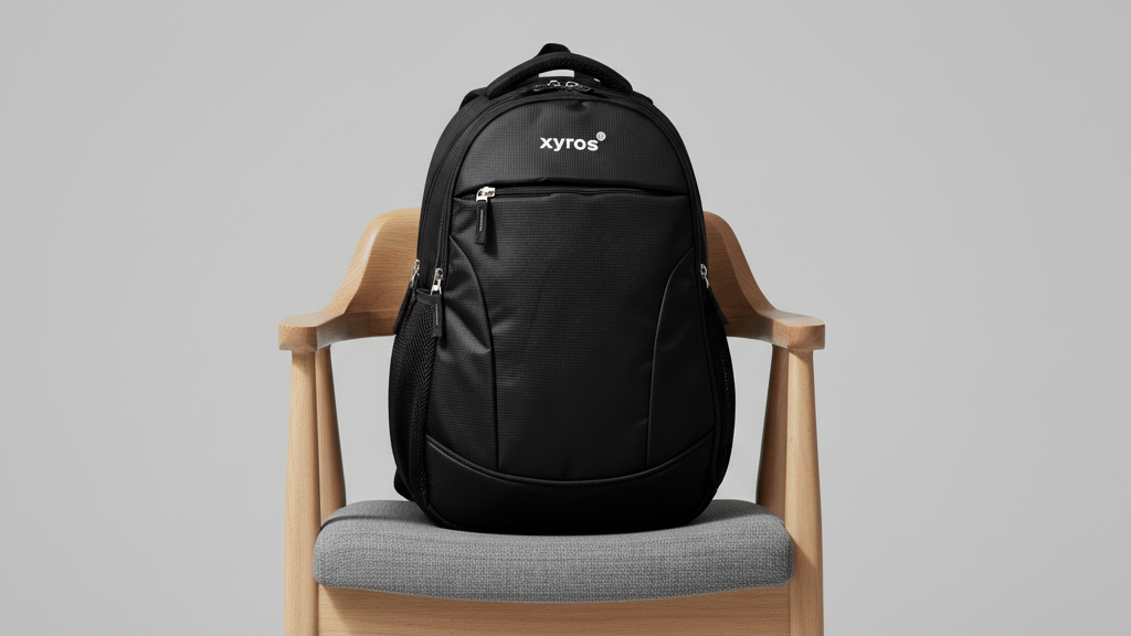 Black backpack with 'xyros' branding on a gray chair against a light gray background